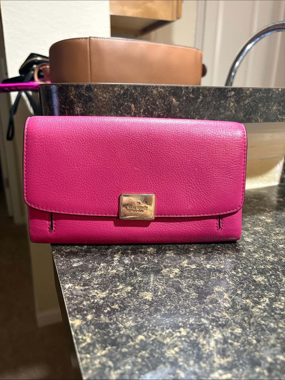 kate spade fuchsia pink leather flap wallet with gold hardware